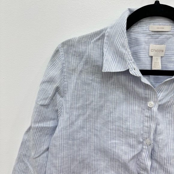 Chico’s NO-IRON Linen Striped Casual button down blue white stripe ladies blouse - Picture 2 of 5